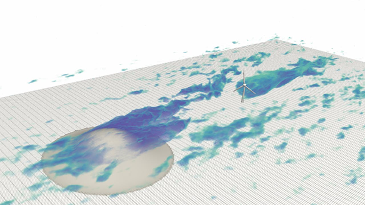 Een van de simulaties die zijn uitgevoerd door Steven en Liu, waarop te zien is dat juist vlak achter de heuvel(grijze cirkel) veel turbulentie (de ‘wolken/luchtstromen in blauw/groen) ontstaat.