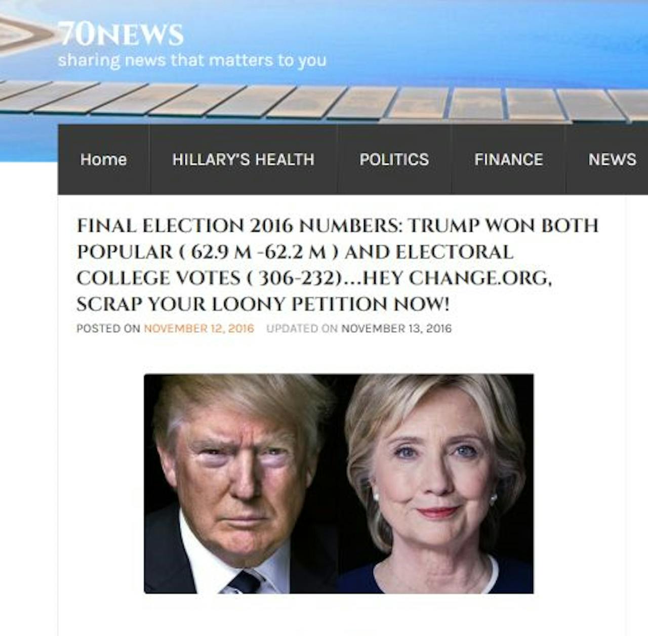 Screenshot van nepnieuws, waarin wordt beweerd dat Trump de popular vote heeft gewonnen van de Amerikaanse verkiezingen in 2016. Deze werden gewonnen door Clinton.