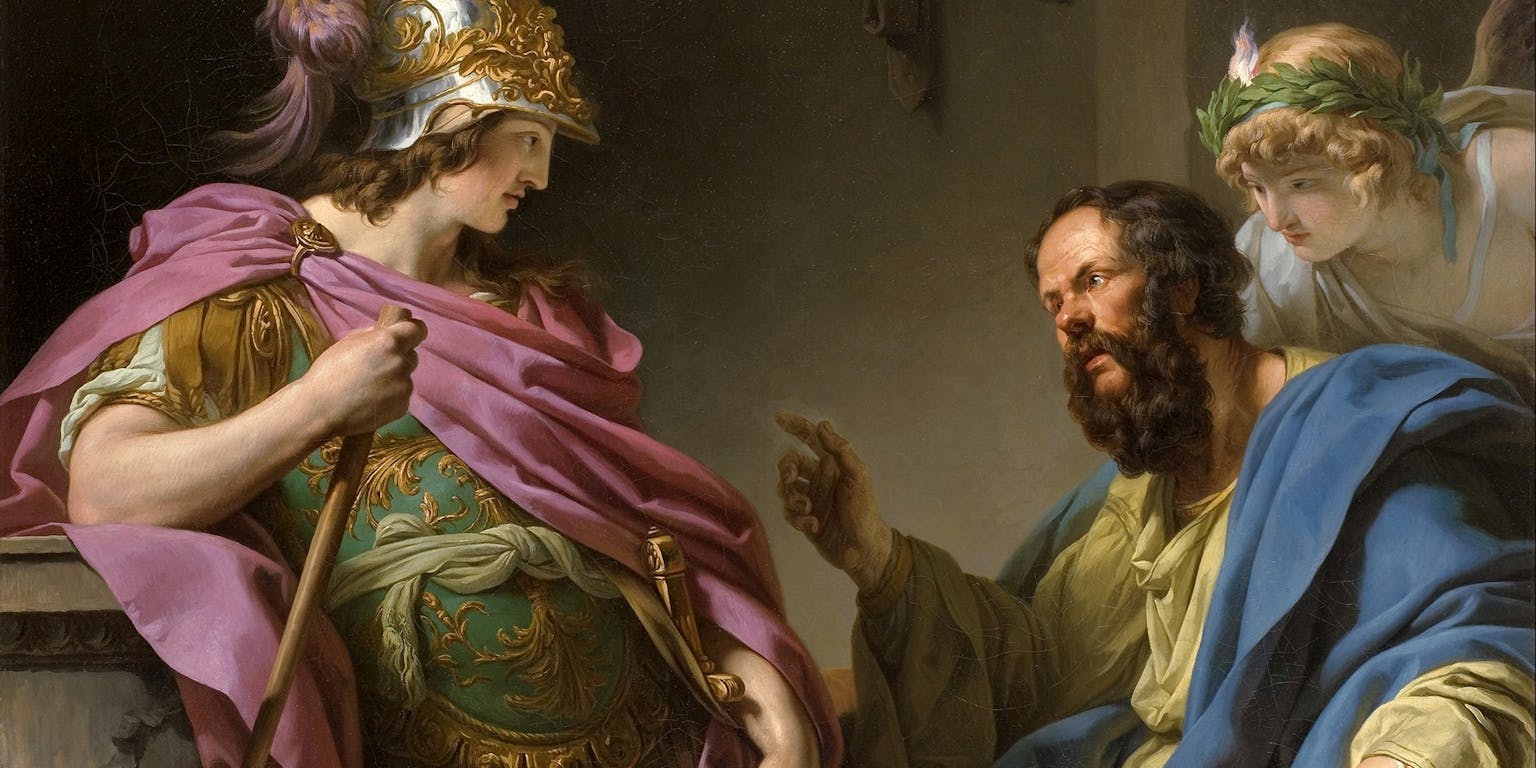Het schilderij 'Alcibiades wordt onderwezen door Socrates' door de Franse schilder François-André Vincent. Links op het neoklassieke schilderij staat de Atheense staatsman Alcibiades in zijn harnas, rechts zit filosoof Socrates; Socrates vertelt Alcibiades iets met geheven hand.