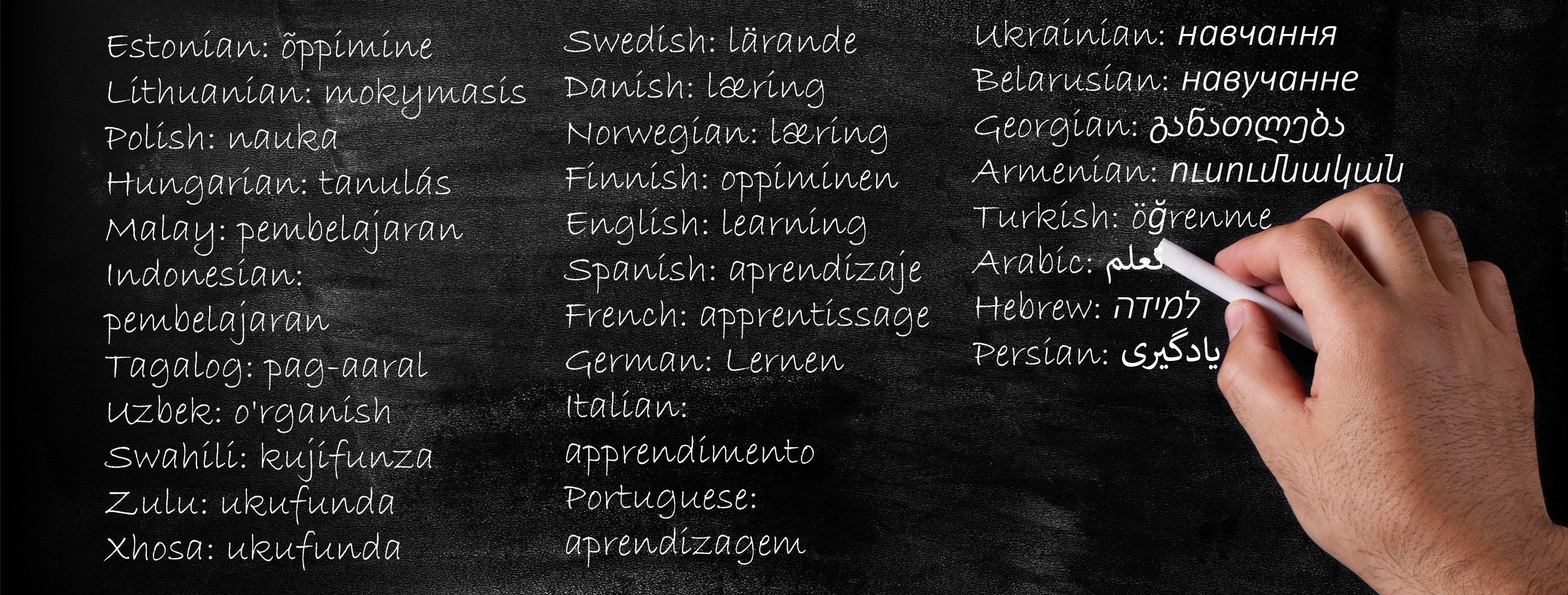 Het woord 'leren' in verschillende talen op een schoolbord.