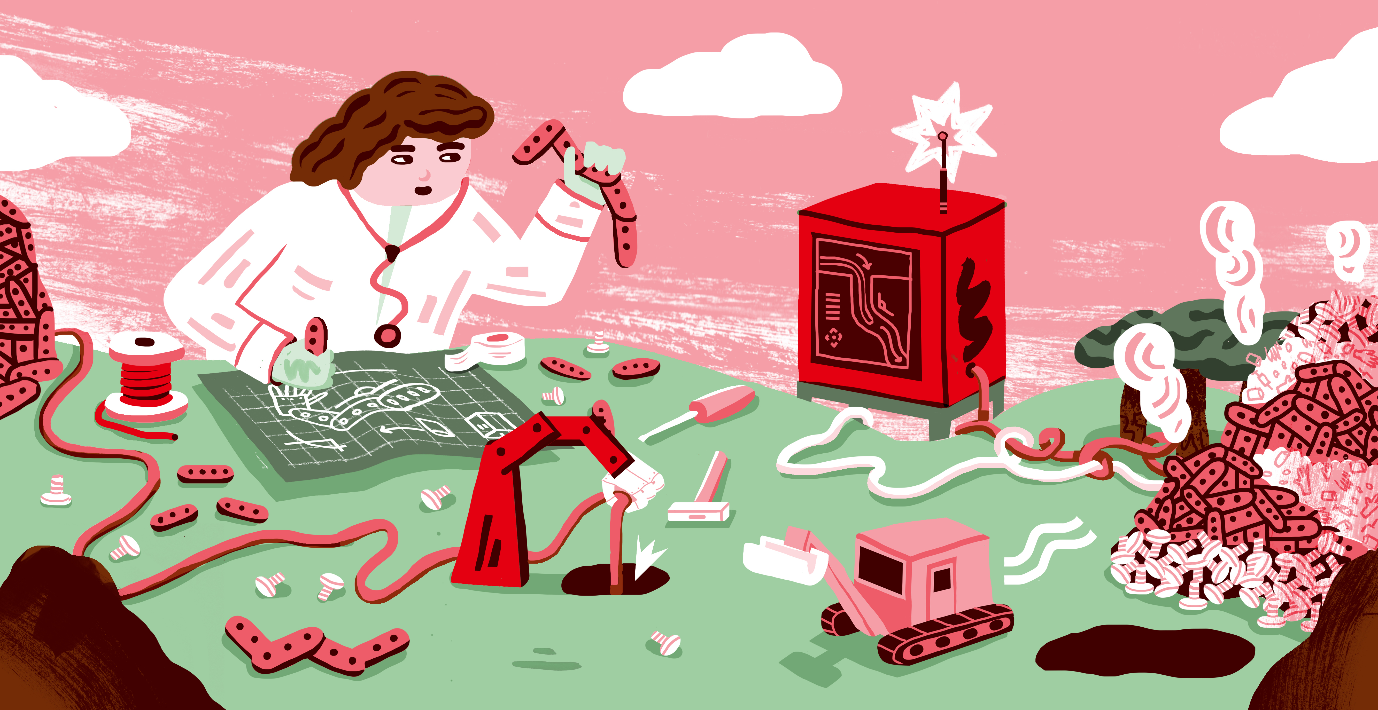 Een illustratie waarop de complexiteit van operatierobots wordt uitgebeeld.