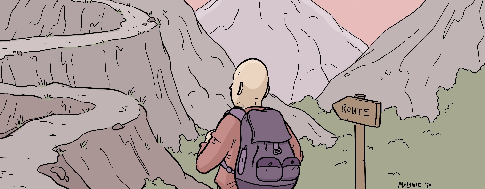 Een cartoonillustratie van een persoon met een rugzak. Er zijn bergen en een routebord te zien.