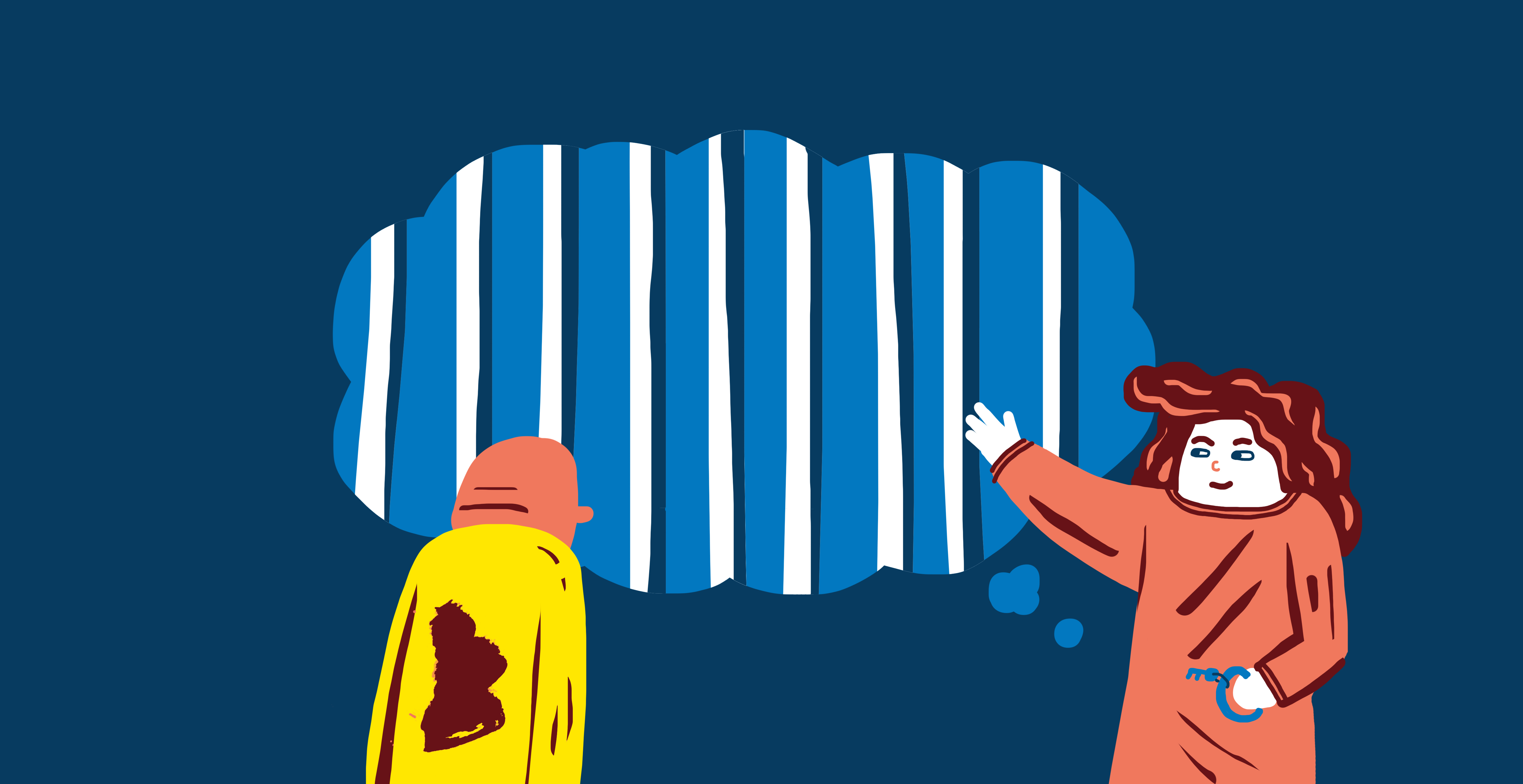 Een illustratie van een man en een vrouw met een gedachteballon waarin tralies zijn afgebeeld.