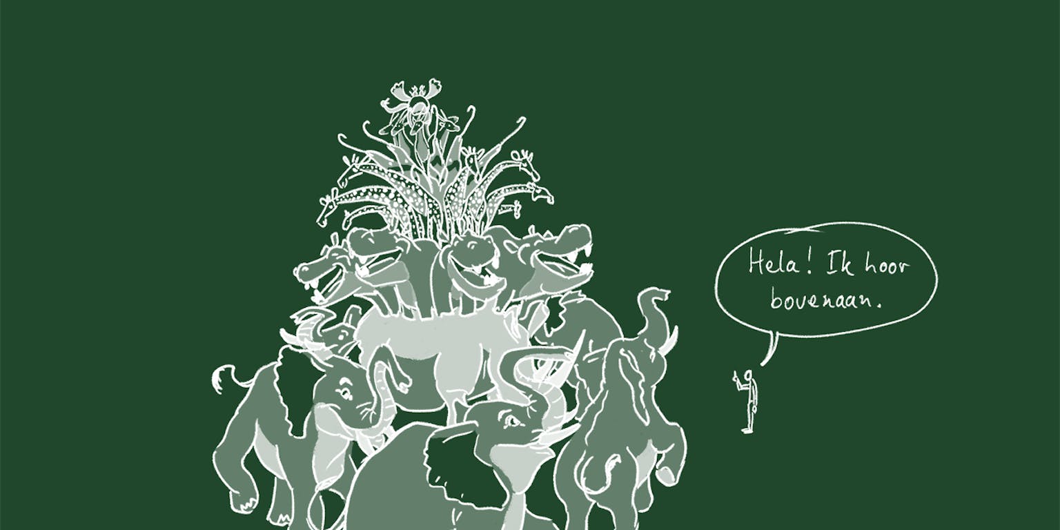 Een tekening waarop een mens tegen dieren zegt dat hij bovenaan in de hiërarchie komt.