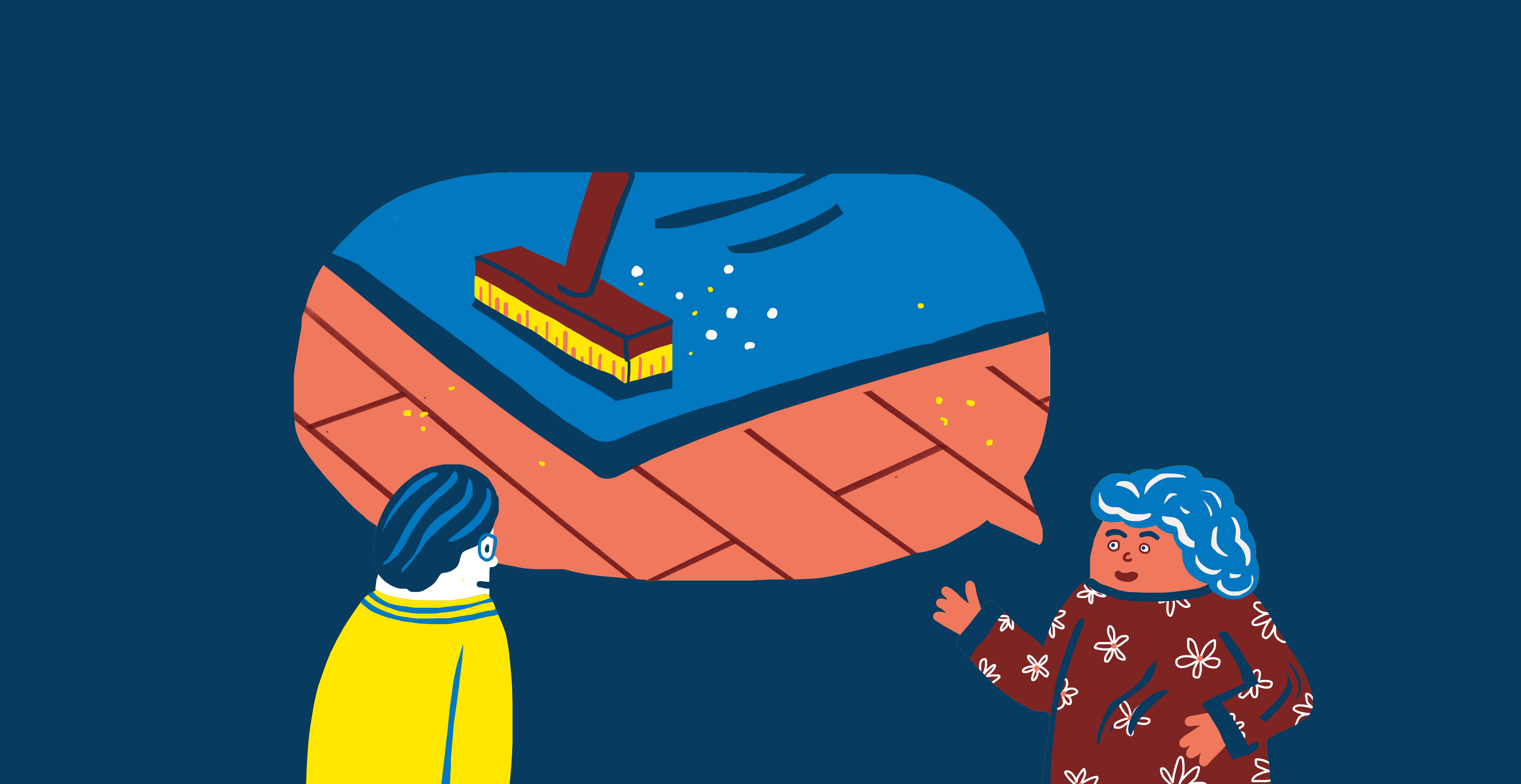 Een illustratie van een vrouw die iets uitlegt aan een man. In een spraakwolk van de vrouw is een bezem afgebeeld die de vloer veegt.