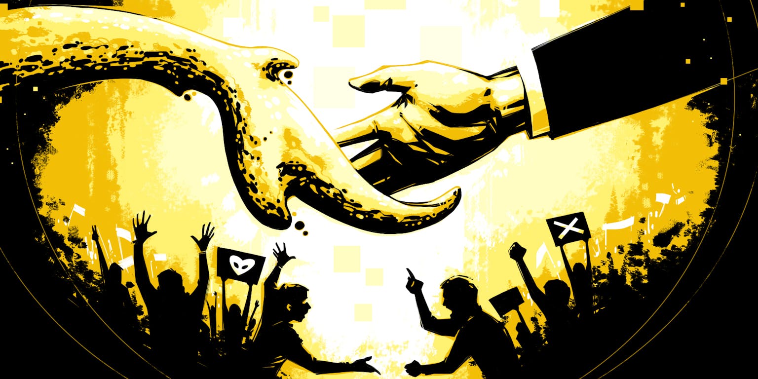 Een illustratie van een groep boze mensen met daarboven een hand van een buitenaards wezen en mensenhand die naar elkaar toe reiken.