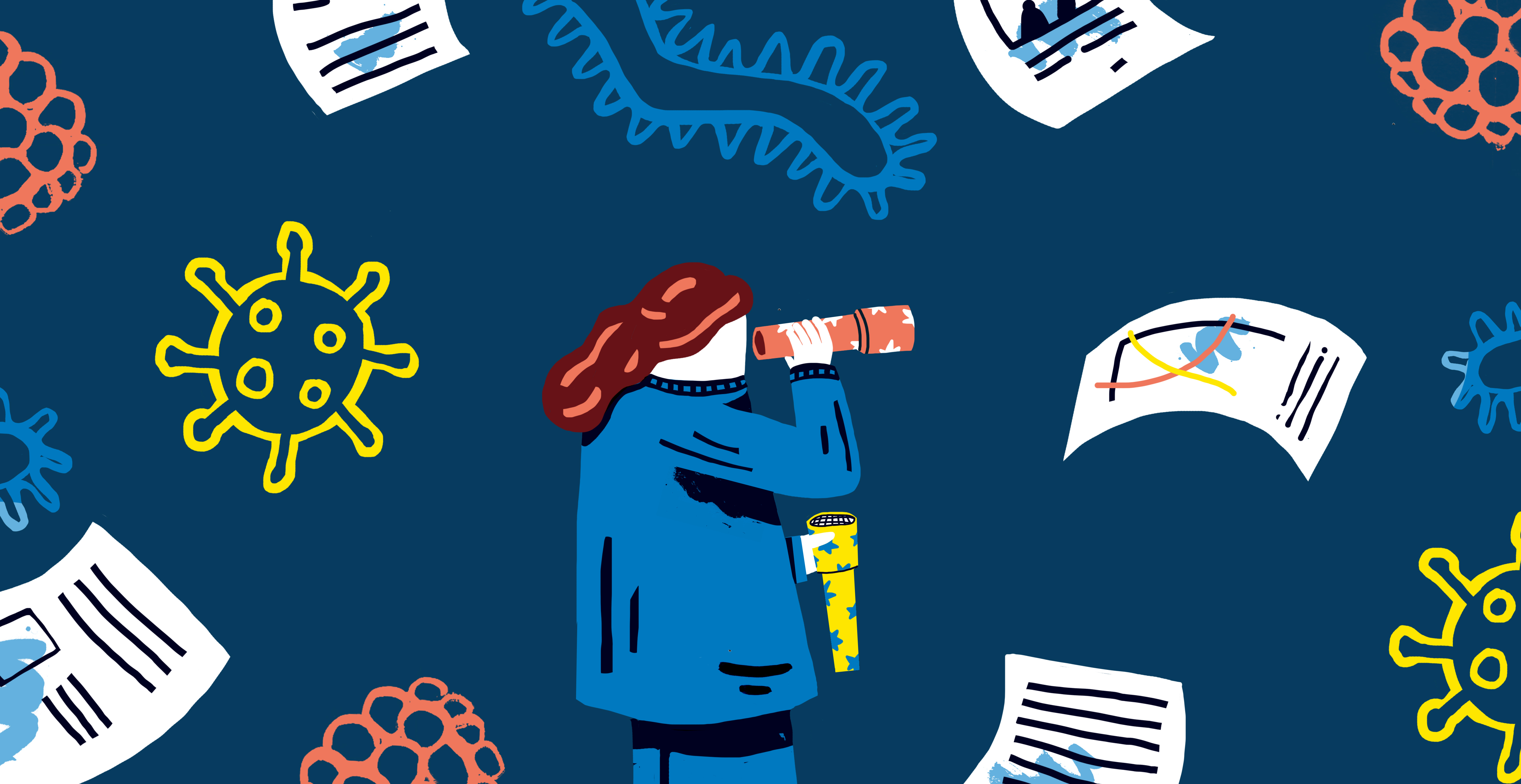Een tekening van iemand met een verrekijker. Om haar heen zweven documenten en bacteriën.
