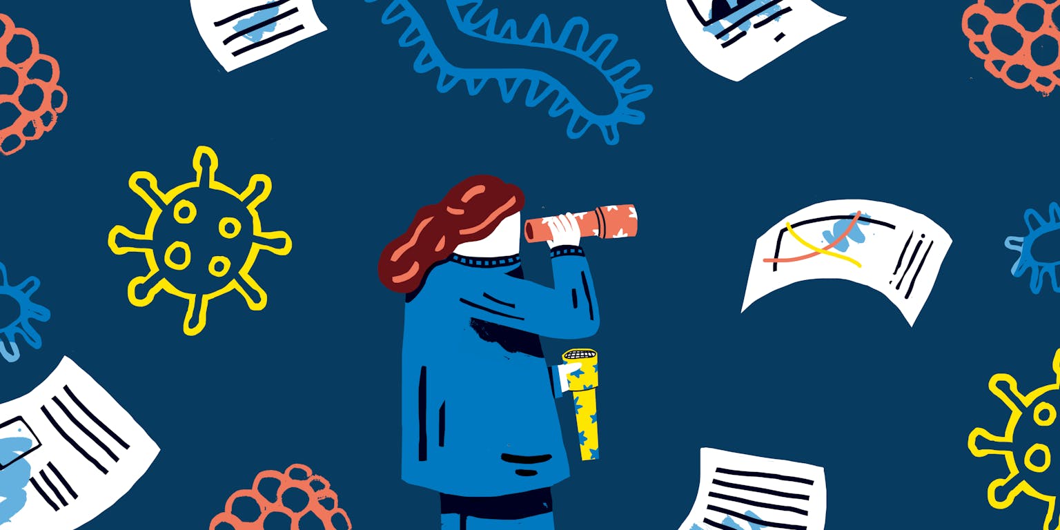 Een tekening van iemand met een verrekijker. Om haar heen zweven documenten en bacteriën.
