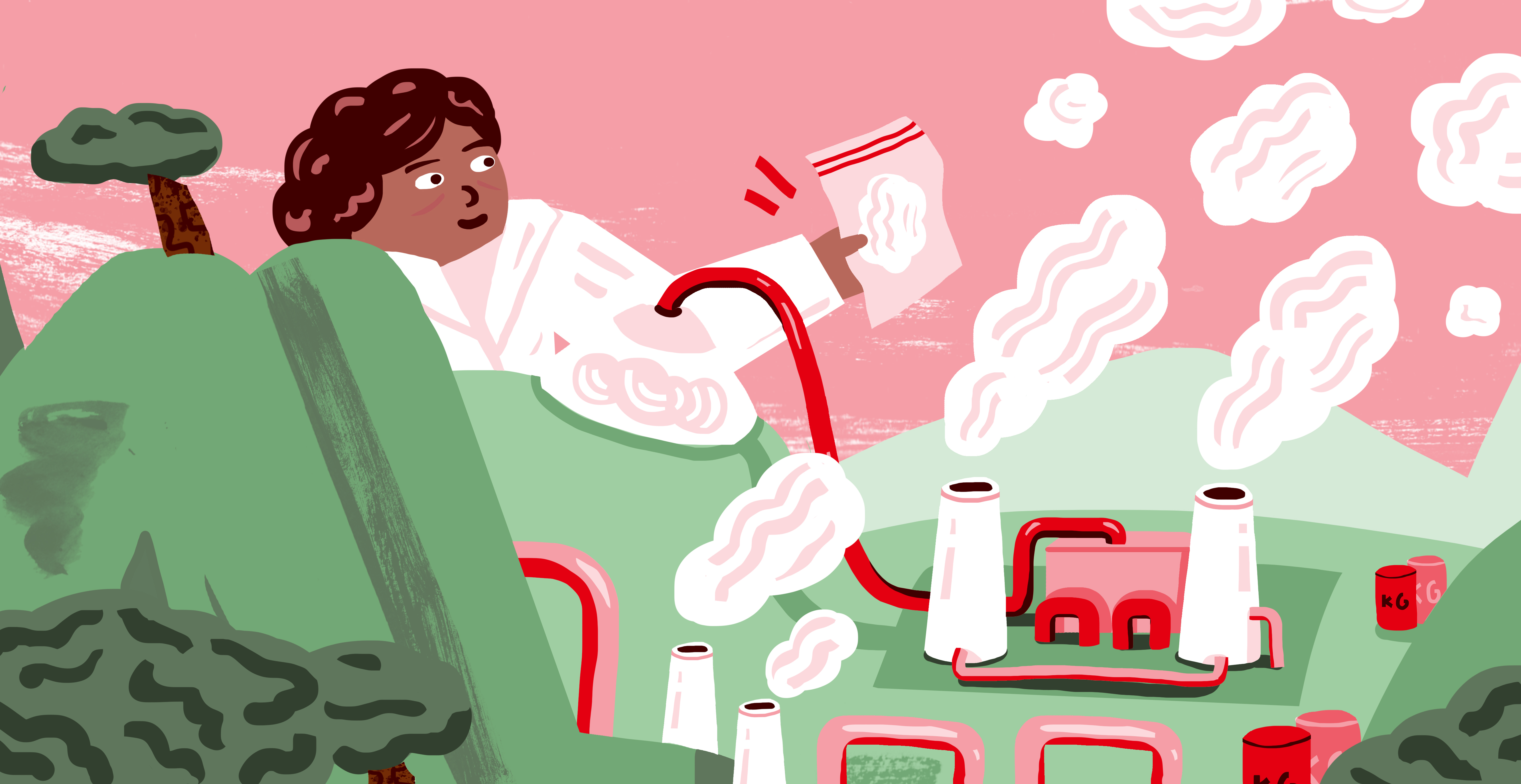 Een illustratie van een vrouw die uitkijkt over een fabriek die allerlei gassen uitstoot.