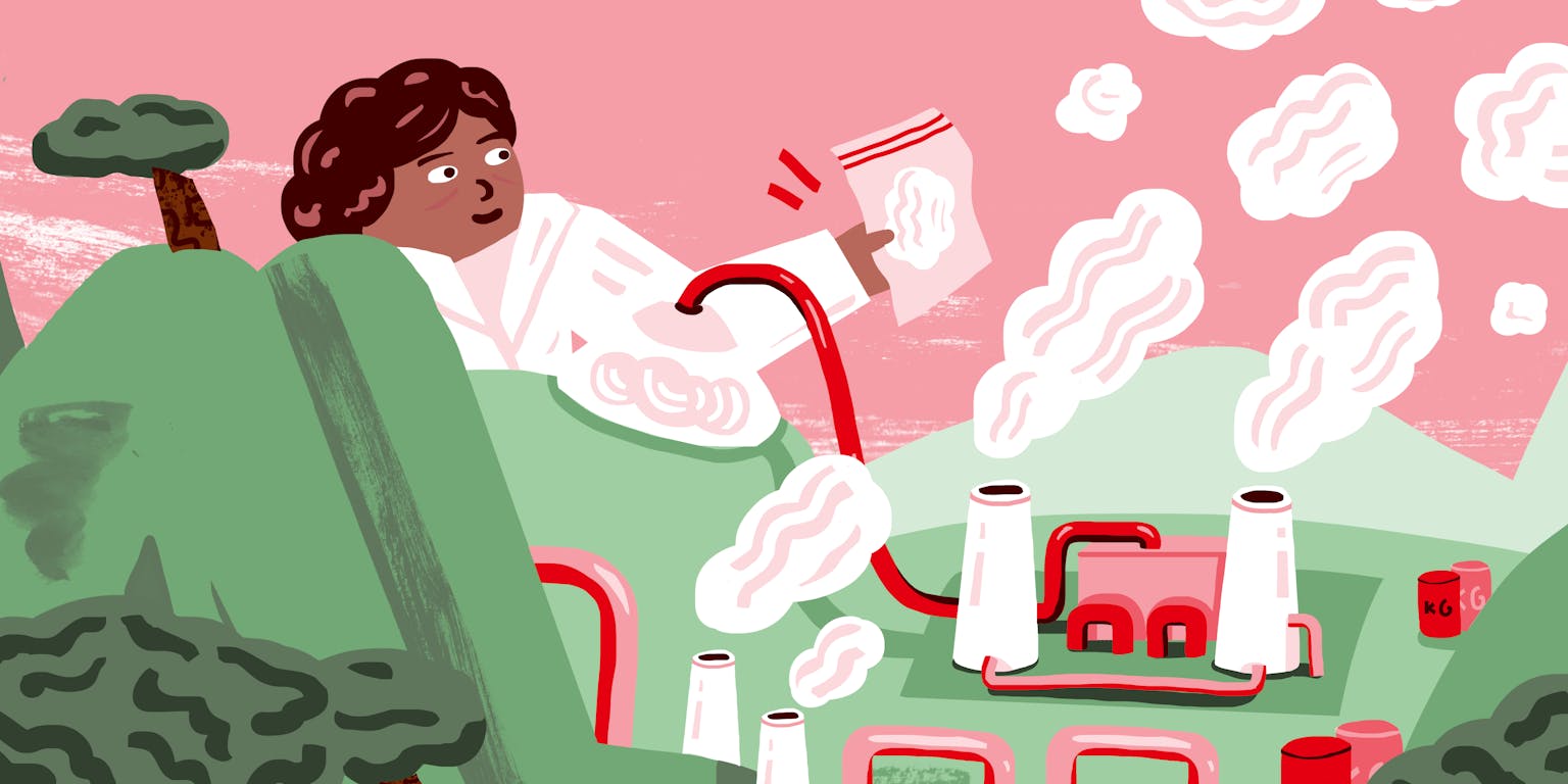 Een illustratie van een vrouw die uitkijkt over een fabriek die allerlei gassen uitstoot.