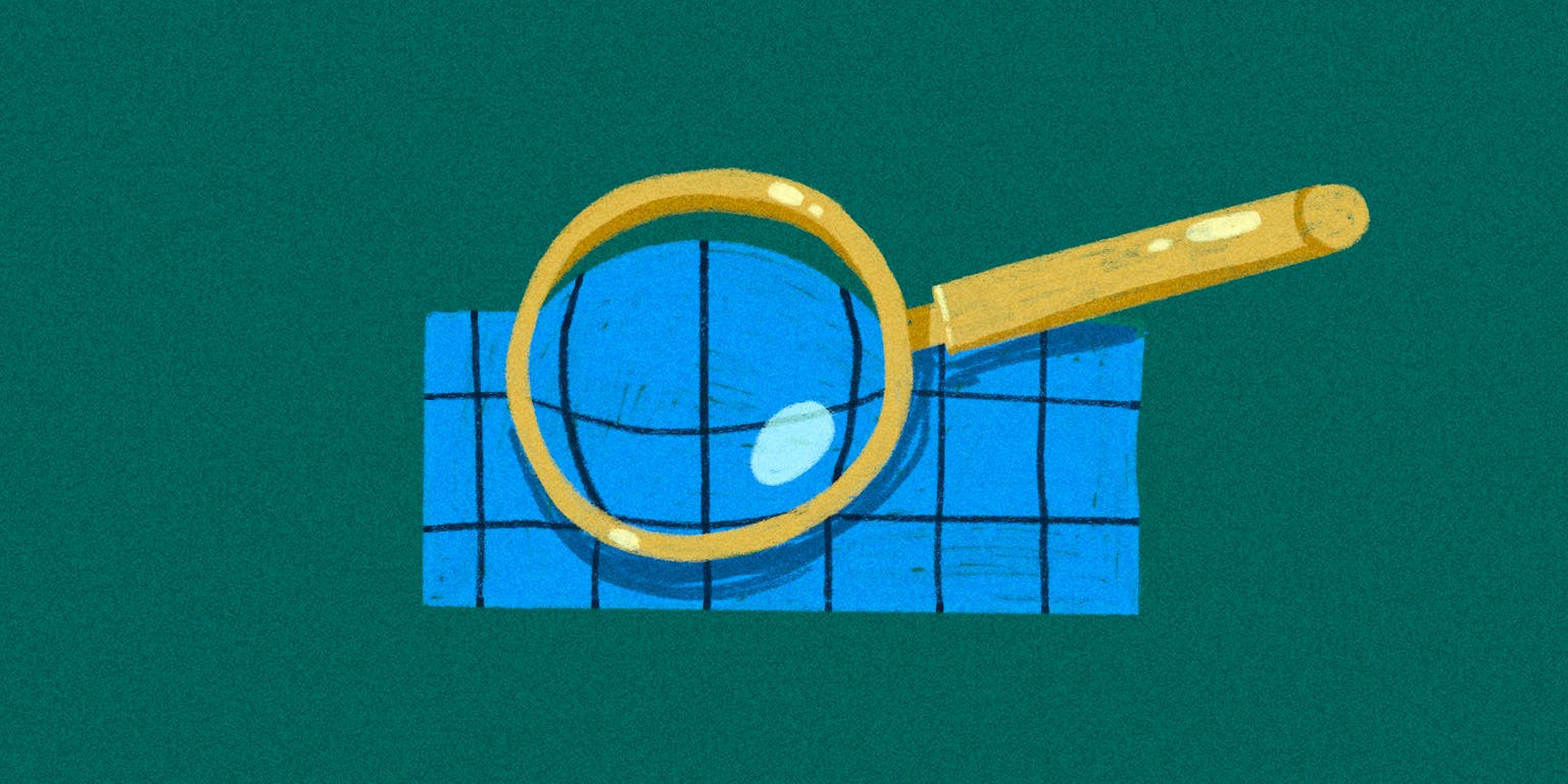 Een illustratie van een vergrootglas op een groene achtergrond. Door het vergrootglas is een blauw vakjepatroon zichtbaar.