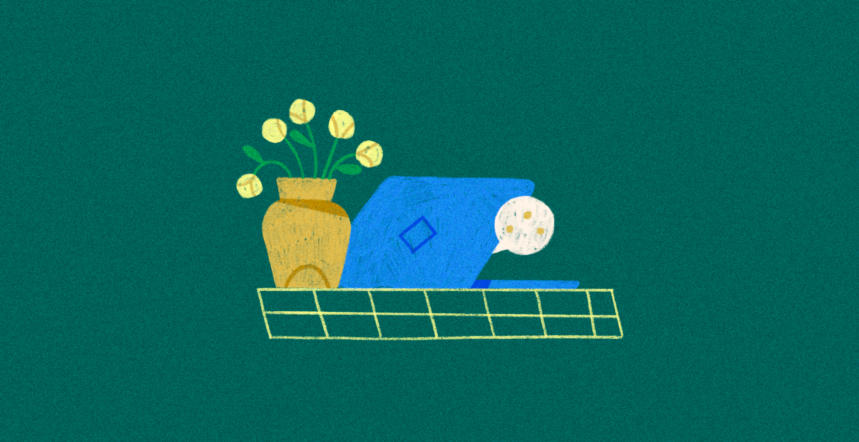 Een illustratie van een laptop en een vaas met bloemen.