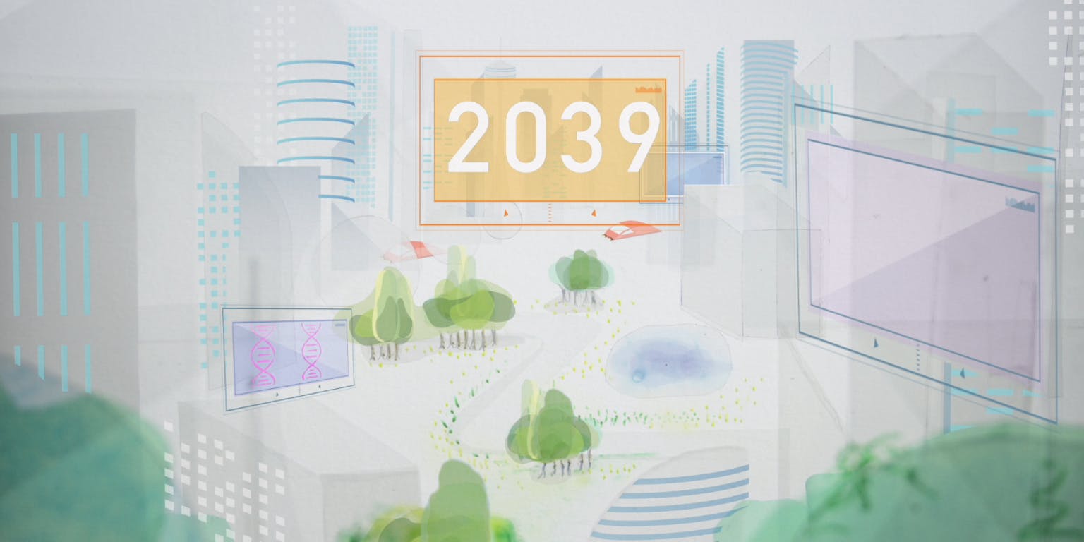 Een tekening van een stad. Het jaartal 2039 is groot uitgelicht in een oranje kader.