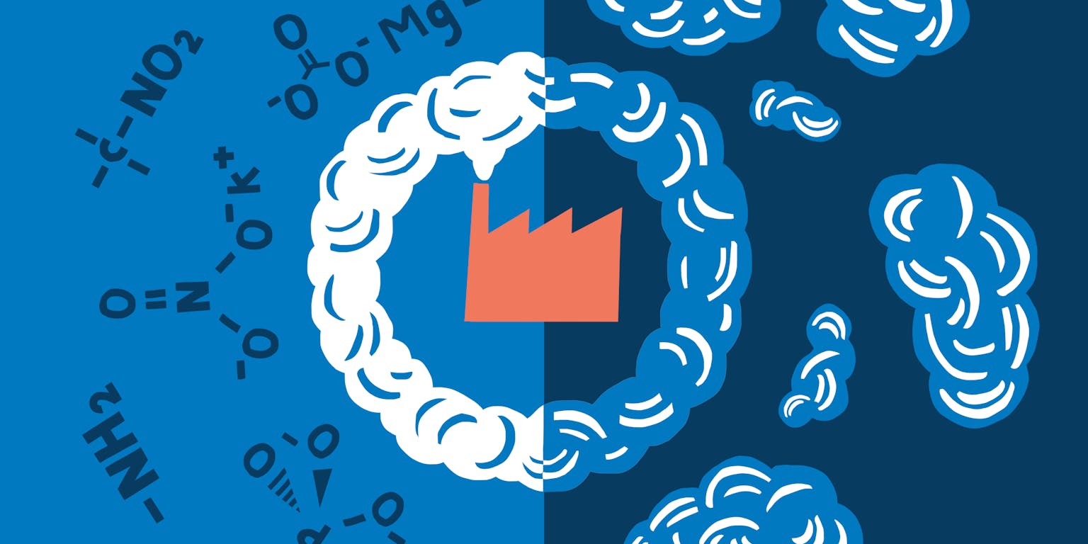 Een illustratie van een fabriek met een blauwe achtergrond.