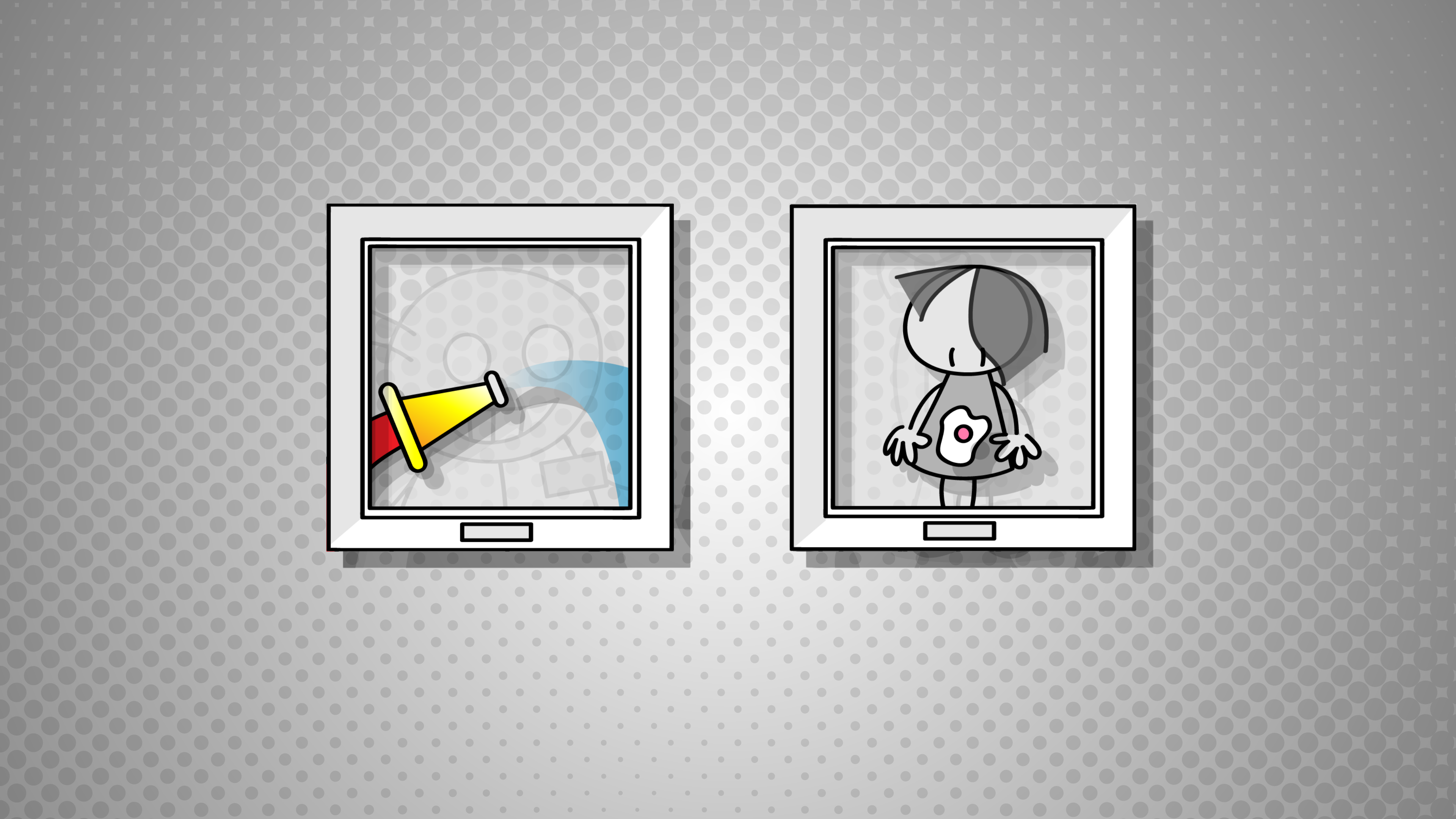 Een tekenfilmfiguur en een tuinslang in twee schilderijlijstjes weergegeven.