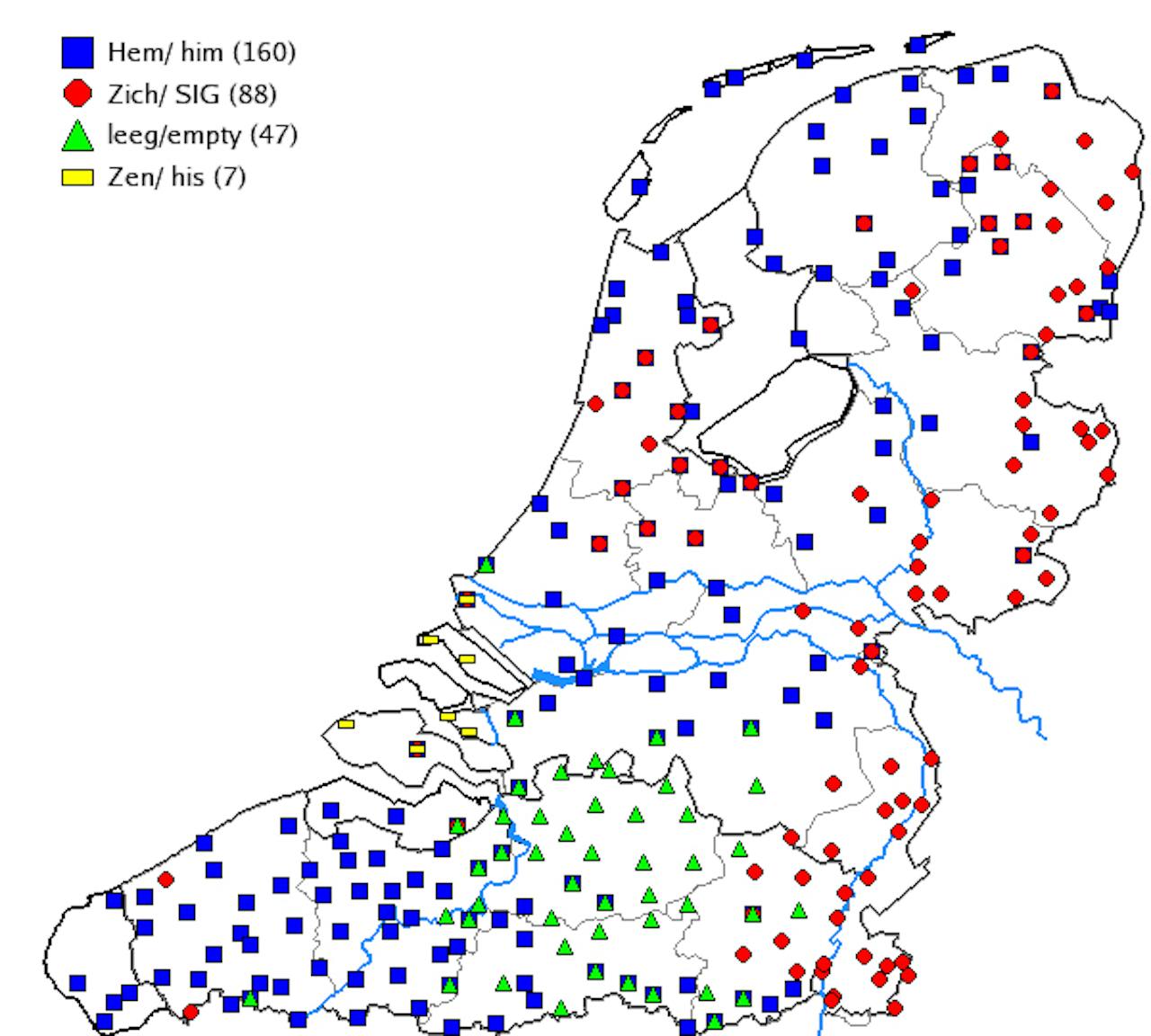 Dialectkaart van de zin ‘De timmerman heeft geen spijkers bij zich.