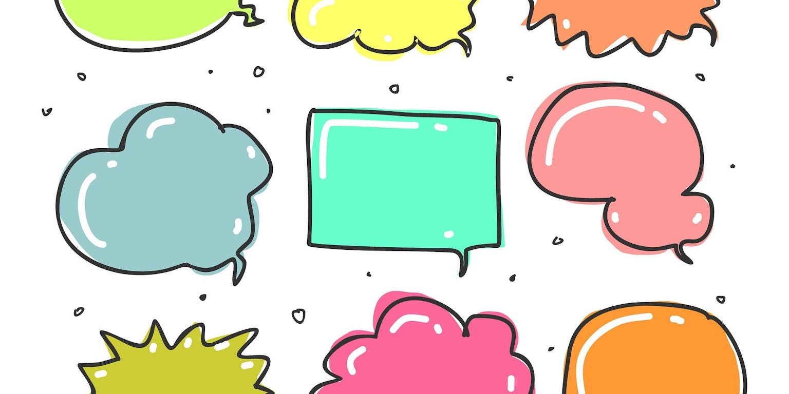 Negen verschillende tekstballonnen.